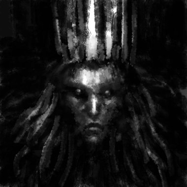 Queen of darkness with a crown on her head. Black and white illustration in horror genre with coal and noise effect. clipart