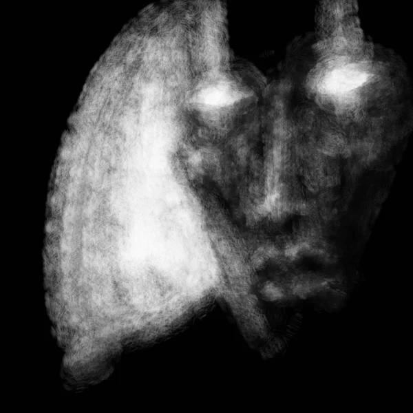 可怕的黑暗之神在月光下的脸 具有煤炭和噪音效果的恐怖类型中的黑白插图 — 图库照片