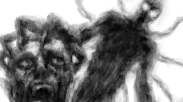 Надвигается тьма. Темный силуэт монстра с щупальцами за спиной. Черно-белая иллюстрация в жанре ужасов и фантастики с эффектом угля и шума
.