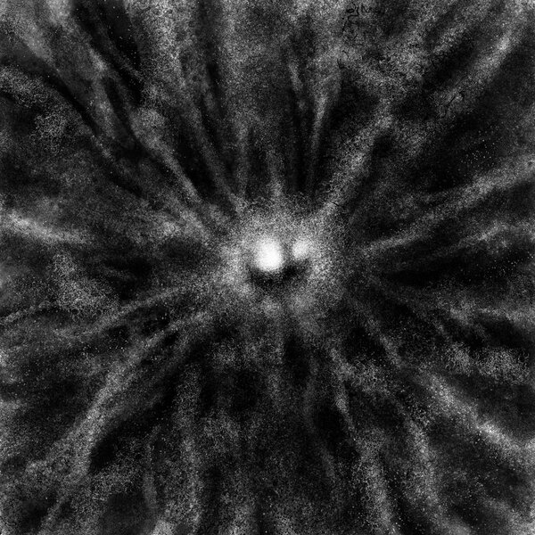 Hellish eye of demon. Black and white illustration in horror genre with coal and noise effect