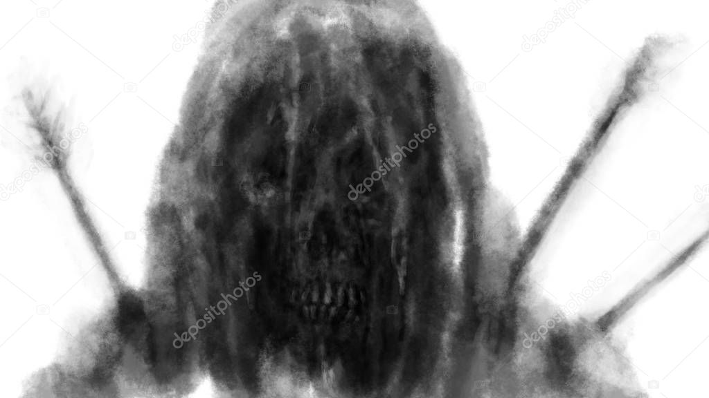 A man killed by arrows sits covered in snow. Frozen skeleton in the mountains. Scary skull in the hood. Illustration in the fantasy genre with the effect of coal and noise. Black and white.