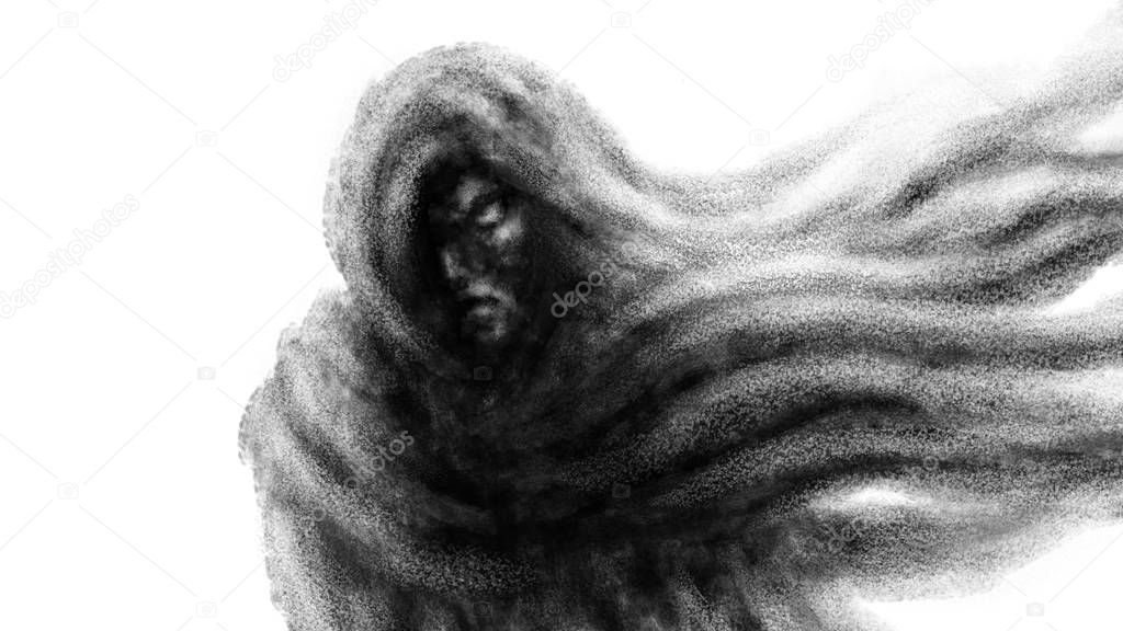 Gloomy woman in a hood and a scarf developing in the wind. Black and white illustration in fantasy genre with coal and noise effect.