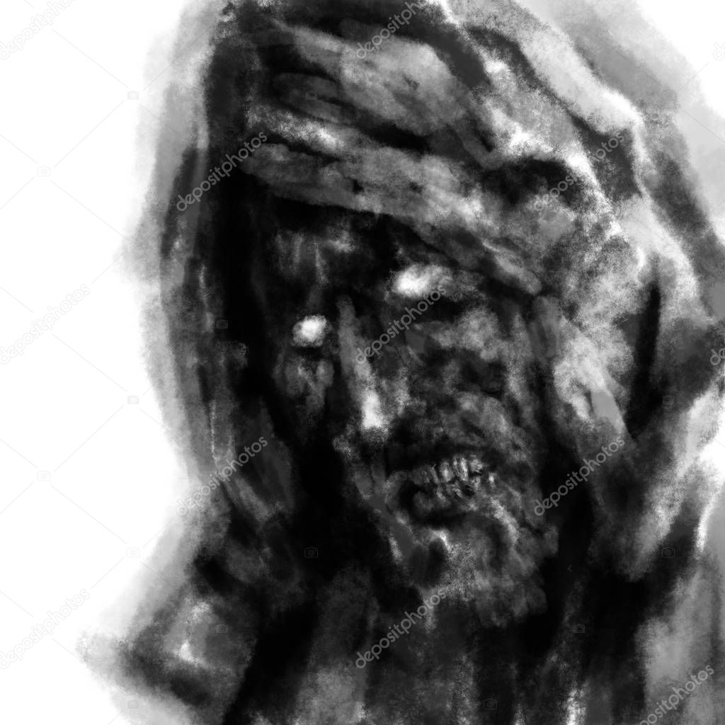 Scary human face in the hood. Black and white illustration in horror genre with coal and noise effect.