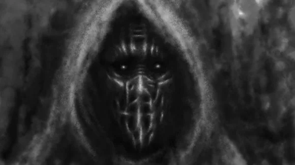 Monge Assustador Escuridão Com Uma Máscara Ferro Capuz Personagem Gênero — Fotografia de Stock