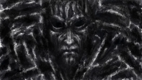 未知のメカニズムの中の異星人の奇妙な顔 石炭とノイズ効果を持つホラーフィクションジャンルのイラスト 黒と白の背景色 — ストック写真