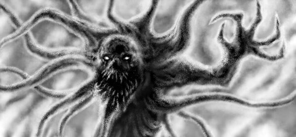 Страшный монстр с щупальцами и когтями. Иллюстрация в жанре ужасов в черно-белом
 .