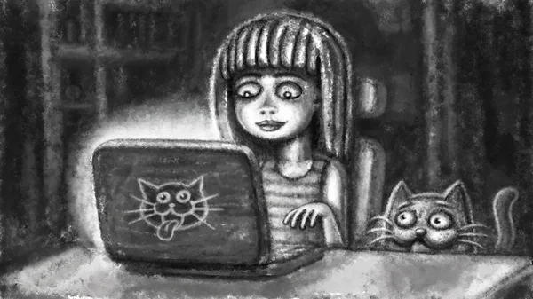 여자는 노트북을 만들고 고양이는 그녀를 감시하고 있습니다 배경의 삽화입니다 — 스톡 사진