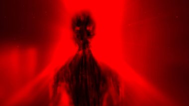 Kapının önünde duran ışık huzmelerinde uzaylı canavar silueti. Korku türünde bir illüstrasyon. Kırmızı arkaplan rengi.
