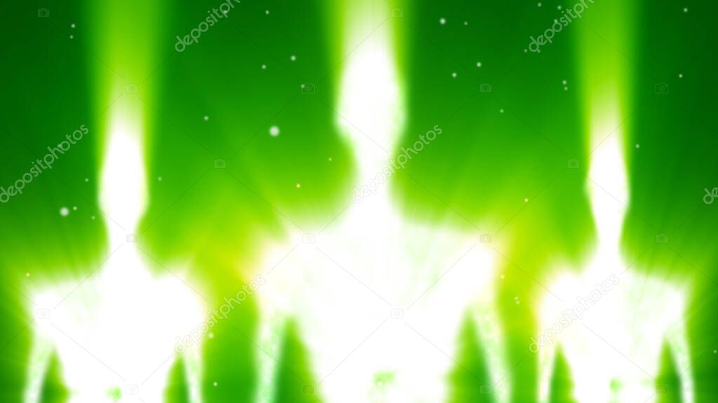 Fantastic three aliens humanoids white silhouettes shining with beams of light. Horror illustration. Green color background.