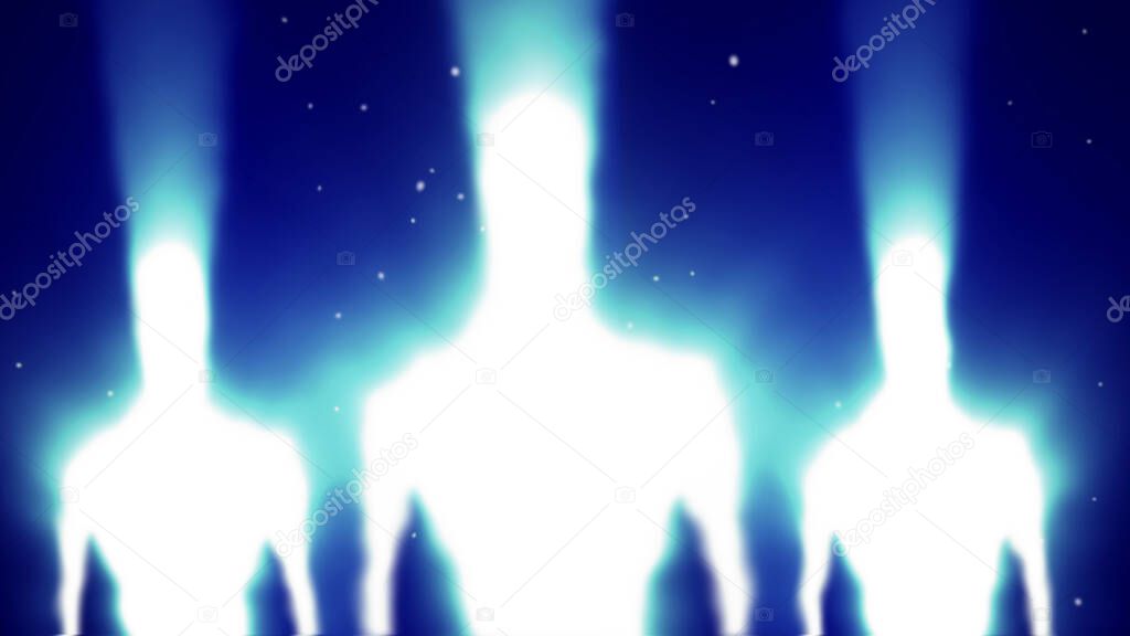 Aliens white silhouettes in rays of light with glitch effect. Illustration in genre of science fiction. Blue background color.