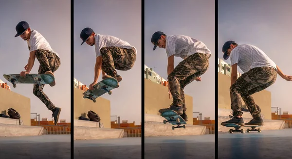 Colagem Jovem Skateboarder Homem Faz Truque Chamado Sem Osso Chão — Fotografia de Stock