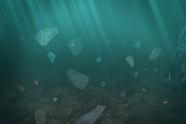 Plastik, deniz konseptine gömülmüş.