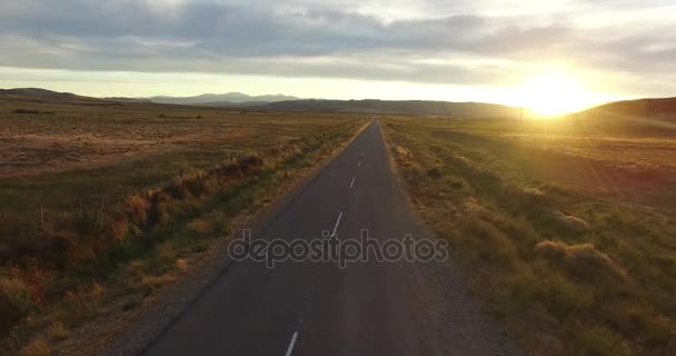 Escena aérea de drones de carretera de grava en estepa y furgoneta avanzando. Montañas en el fondo. Movimiento estático de la cámara. Paisaje rural del desierto en Patagonia Argentina . — Vídeos de Stock