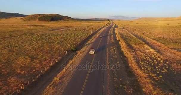 Aerial drone scene of sunset golden hour in Patagonia, Argentina. Steppe landscape. Camera moving backwards fast tracking two cars on the road. One is a old vintage car. — Stock Video
