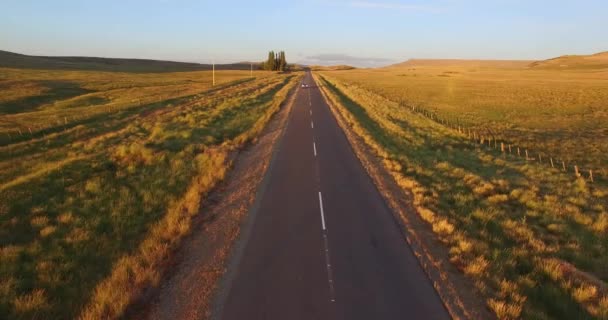 Escena aérea de drones de la hora dorada del atardecer en Patagonia, Argentina. Paisaje estepa. Cámara moviéndose hacia atrás rastreando una gran camioneta 4x4 negra . — Vídeo de stock