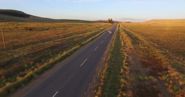 Ruta aérea de drones al atardecer hora dorada en Patagonia, Argentina. Paisaje naranja estepa. Cámara moviéndose hacia atrás rastreando vehículos. Van por encima de pasar un coche . — Vídeo de stock