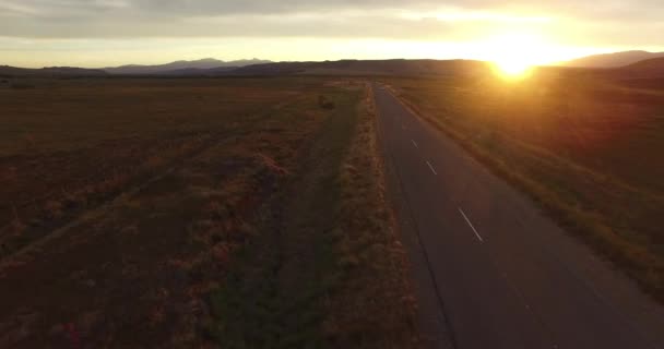 Escena aérea de drones de la hora dorada del atardecer en Patagonia, Argentina. Paisaje estepa. Cámara avanzando muy rápido y acercándose a un coche . — Vídeo de stock