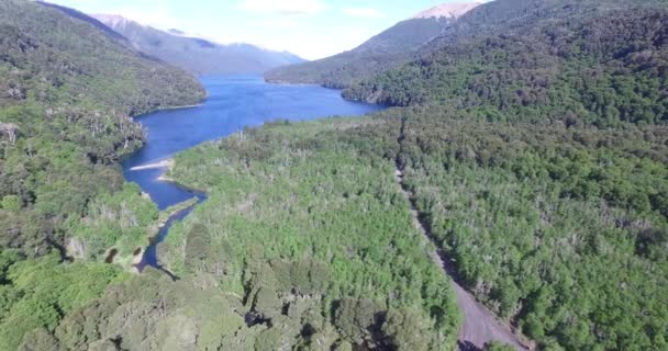 Letecká drone scéně jezera a řeky v jižním Patagonie, Argentina. Divoké lesy a štěrková cesta mezi stromy, malý most, camping zóny. Kamerou pohybující se vpřed. — Stock video