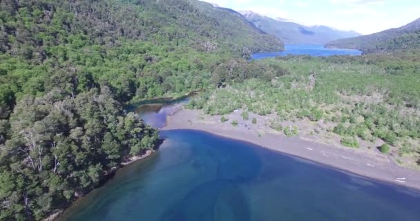 Escena aérea de drones de lago verde y río que comunica este lago a otro en Patagonia. Bosques salvajes y el costo del lago con arena volcánica oscura, zona de camping. Cámara avanzando . — Vídeo de stock