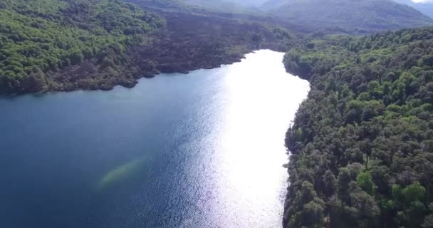 Antenowe drone sceny jezioro o zachodzie słońca, rzeka wulkanicznej lawy z wulkanu w lesie dostanie się do wody. Patagonia Argentyna. — Wideo stockowe