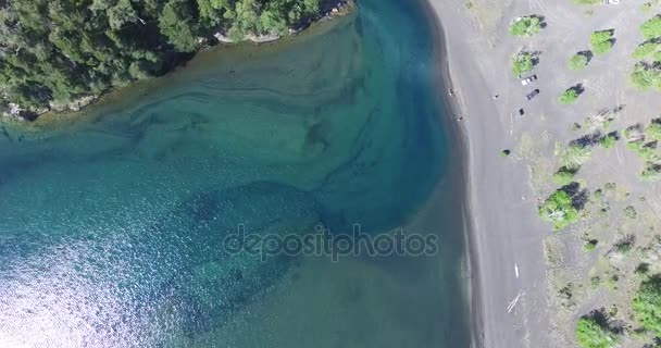 Εναέριο κηφήνα σκηνή του στόμα πράσινο ποτάμι και λίμνη στη νότια Παταγονία, Αργεντινή. Άγρια ξύλα και το κόστος της λίμνης με σκούρη ηφαιστειογενή άμμο, υπέροχο μέρος για κατασκήνωση. Κάμερα κινείται και προς τα κάτω. — Αρχείο Βίντεο