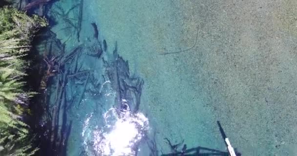 Luchtfoto drone scène van oude gebroken, beschadigd, houten brug over blauw transparant Patagonië rivier. Ruca Malen, zijrivier van de correntoso. Bovenste scène uitzicht op bos aan de kust. Argentinië-Patagonië Ruta 40. — Stockvideo