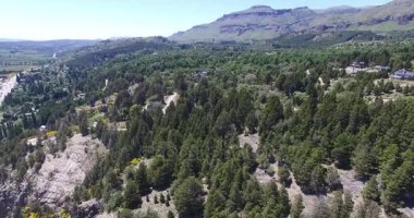 Hava dron sahne dağ Güney Patagonia, Arjantin, şehir San Martin için ormanda de los Andes Chapelco Dağı ve arka plan üzerinde ev sahipliği yapmaktadır. Rüzgarlı bir gün ve ağaçlar taşıma.