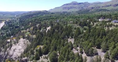 Hava dron sahne dağ Güney Patagonia, Arjantin, şehir San Martin için ormanda de los Andes Chapelco Dağı ve arka plan üzerinde ev sahipliği yapmaktadır. Rüzgarlı bir gün ve ağaçlar taşıma.