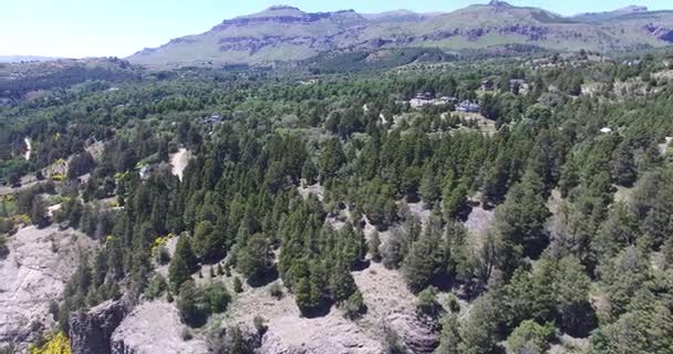 Escena aérea de drones de casas en el bosque en la montaña en el sur de Patagonia, Argentina, ciudad de San Martín de los Andes con la montaña Chapelco en el fondo. Día ventoso y árboles moviéndose . — Vídeo de stock