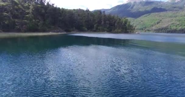 Escena aérea de drones del lago en Patagonia Argentina. Cámara moviéndose hacia atrás rápido hasta que aparece la costa de hierba verde. San Martín de los Andes . — Vídeo de stock