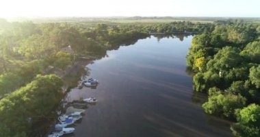 Delta Nehri üzerinde gün batımında yelkenli teknelerle uçan hava aracı sahnesi. Ormanın panoramik manzarası, doğal çevre. İnce sesli, altın saat. Gualeguaychu, Entre Rios, Arjantin