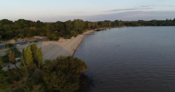 Aerial drone scene of beach at natural landscape. Flying along shore of Uruguay river. Las Caas, Rio negro province, Uruguay — Stock Video