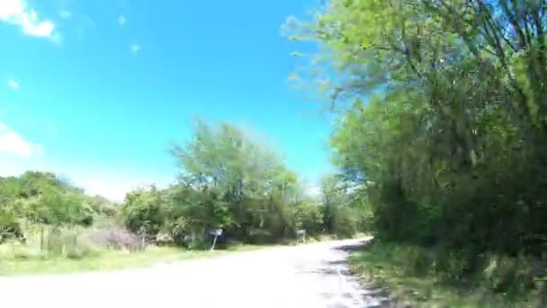 Driving on a road through woody galery, discovering wide valley and mountain chains at background. Traveling along native ecosystems. Cordoba, Argentina — Stockvideo