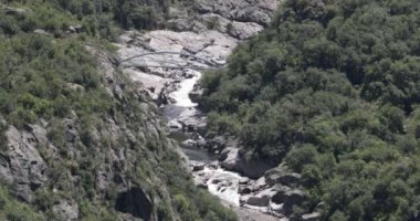 Şelaleleri aşınmış eski kayalık bir havzada orman ve yaya köprüsü olan bir dağ nehri. Quebrada del Condorito Ulusal Parkı, Cordoba, Arjantin