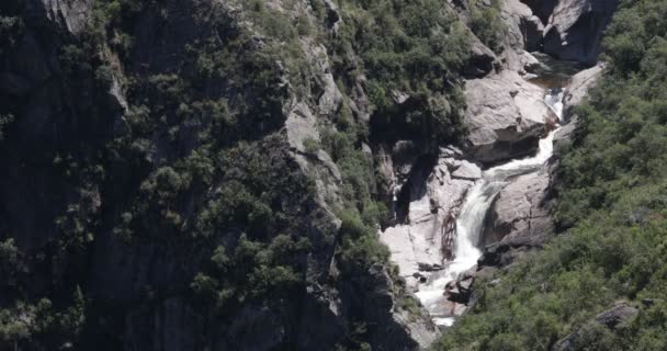 Vattenfall vid gammal eroderad stenig bassäng mellan skog och klippor. Quebrada del Condorito nationalpark, Cordoba, Argentina — Stockvideo