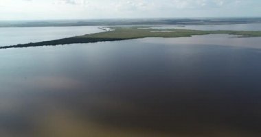 Nehir deltasının hava panoramik görüntüsü. Uruguay nehrindeki yeşil doğal adanın yüksek manzarası. Entre Rios, Arjantin