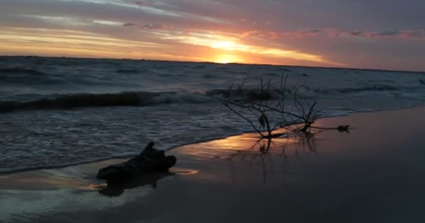 Πολύχρωμο ηλιοβασίλεμα στην αμμώδη παραλία με σιλουέτα από δεντρόσπιτα. Κίνηση κυμάτων που σπάνε στην ακτή και στον πορτοκαλί ορίζοντα. Αντιτιθέμενα χρώματα. Ποταμός Ουρουγουάη Φρέι Μπέντος, Κάνας.. — Αρχείο Βίντεο