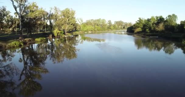 Scène de drone aérien volant le long de la rivière au matin brumeux. Réflexions, bois. Végétation riveraine. Rivière Rio Negro, Soriano, Mercedes, Uruguay 