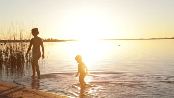 Movimento lento de mulher e criança, mãe e filho, andando na praia ao longo da costa dentro da água na hora de ouro. Silhueta de pessoas. Volume de luz e flares. Villa Soriano, Uruguai — Vídeo de Stock