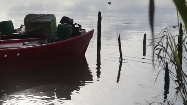 Barca da pesca vuota ormeggiata a riva al tramonto. Riflessioni e movimenti di increspature, vegetazione ripariale. Villa Soriano, Uruguay . — Video Stock