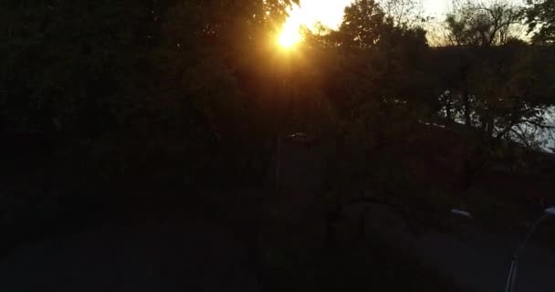 木の枝の近くを飛行し、植生の間に夕日を残し、水平線で太陽と川や野生の風景を発見します。ウルグアイのソリアーノ県ドロレス市サンサルバドル川 — ストック動画