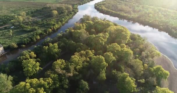 Letecká scéna z panoramatického výhledu na řeku a přírodní ostrov klesající k vodní hladině procházející kolem vrcholků stromů a automobilů. Zavřít odraz oblohy. Dolores, Soriano, Uruguay — Stock video