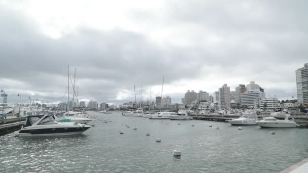 游艇和帆船停泊在码头和浮标上，缓慢地驶向港口。 阴郁的一天背景下的城市景观. 乌拉圭马尔多纳多，埃斯特角港 — 图库视频影像