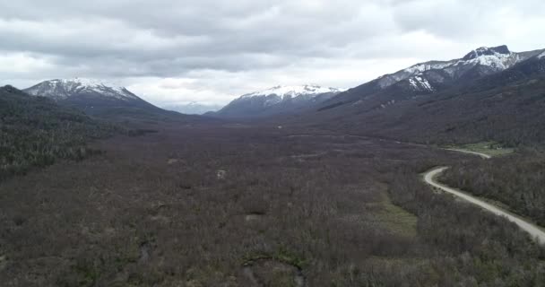 Vzdušné létání nad těžkopádnými lesy. Panoramatický výhled na zimní hornatou krajinu Patagonie. Nothofagus, Nequen, Argentina — Stock video