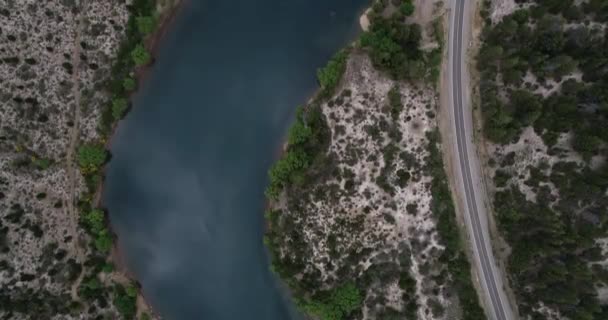 Top aerial traveling along blue pure river and asphalt road. Pine woods and scarse vegetation. Alumine river, Valle Encantado, Rio negro, Neuquen. Argentina — Stockvideo