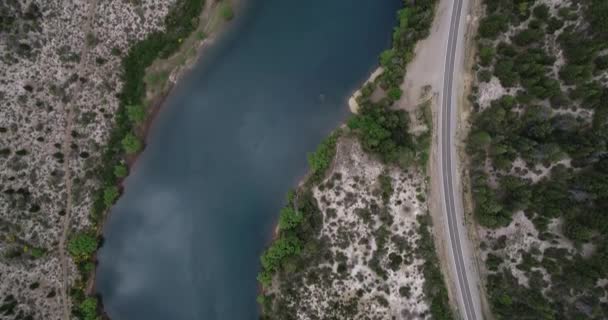 Top antenne reizen langs blauw zuivere rivier en asfalt weg. Dennenbossen en schaarse vegetatie. Alumine rivier, Valle Encantado, Rio negro, Neuquen. Argentinië — Stockvideo