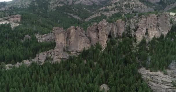 Dağ yamacındaki ağaçların arasından yükselen kayalık yapılara doğru uçan hava araçları. Kayalıkların yanından geçiyoruz. Valle Encantado, Bariloche. Arjantin — Stok video