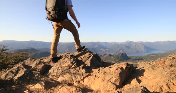 若い男は、湖、ノトファガスの森やアンデス山脈のチェーンの空中風景を発見山の頂上に到達する。ラニン国立公園。アルゼンチンのパタゴニア。サン・マーティン・デ・ロス・アンデス — ストック動画