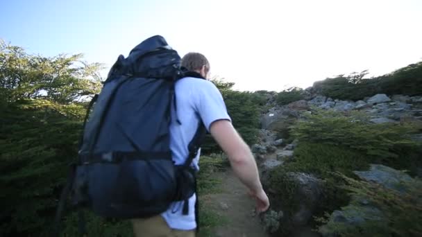 Zeitlupe eines jungen Mannes beim Bergwandern, entlang von Sträuchern, Bäumen und Felsen. Nahaufnahme einer Person mit Rucksack, während sie auf dem Weg geht. Cerro Colorado Expedition. Patagonien, Argentinien — Stockvideo