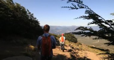 Bir grup adam dağdan aşağı iniyor. Çalılar ve ağaçlar arasında yol boyunca yürüyorum. Arka planda And Dağları ve Göl zinciri var. Cerro Colorado keşif gezisi. Patagonya, Arjantin